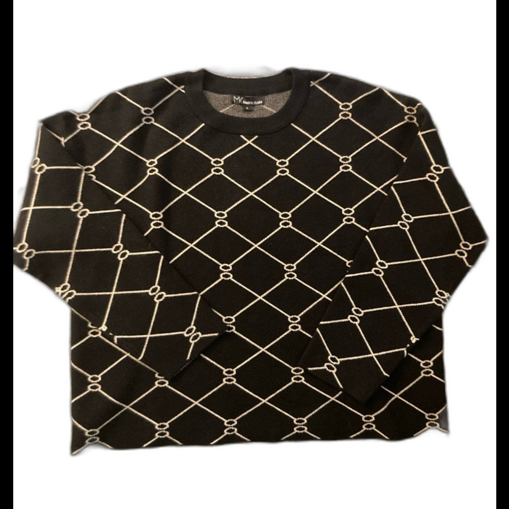 Metric Knits Black Tan Design Crew Neck Sweater size Large